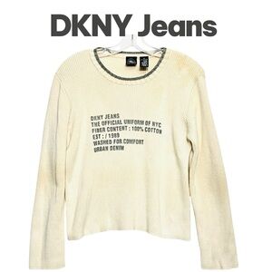 DKNY Jeans Sweater Women’s Ivory Front Graphic Rib Knit Sz M